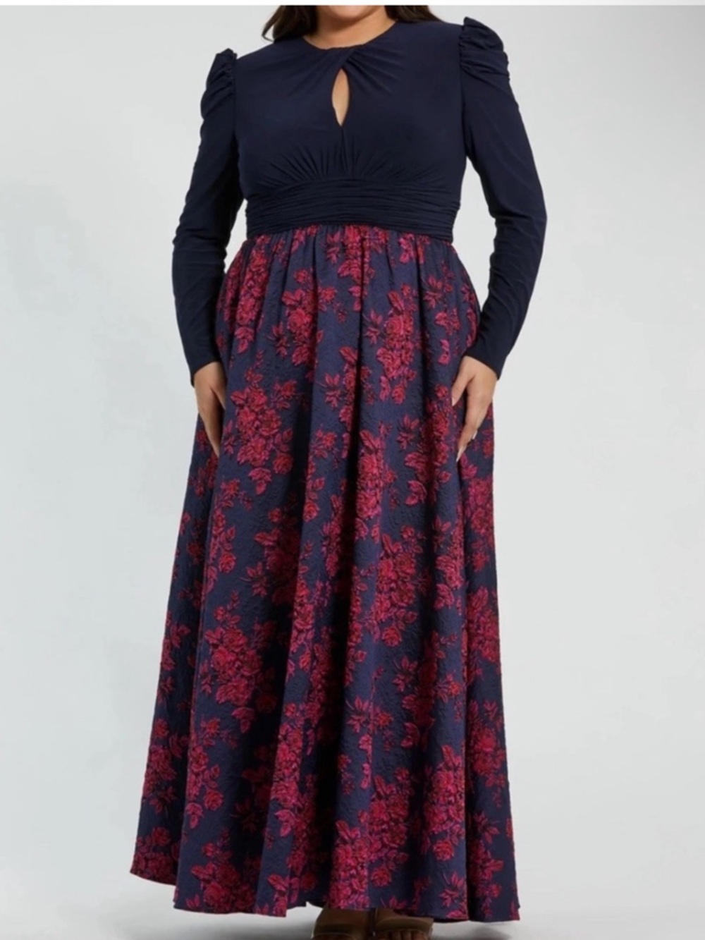 Mac Duggal Navy and Berry Floral A-Line Gown